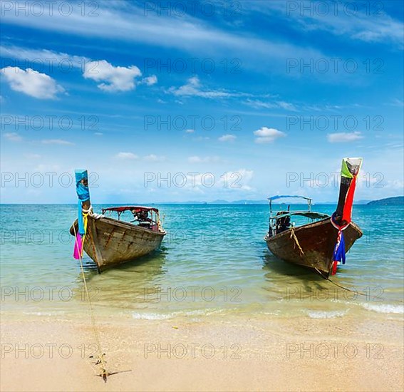 Long tail boat on tropical beach Railay beach)