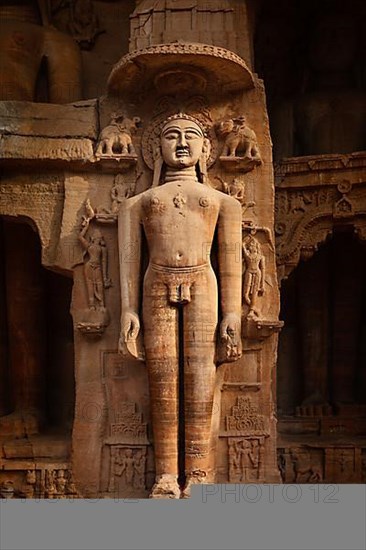 Rockcut Statue of Jain thirthankara in rock niches near Gwalior fort. Gwalior