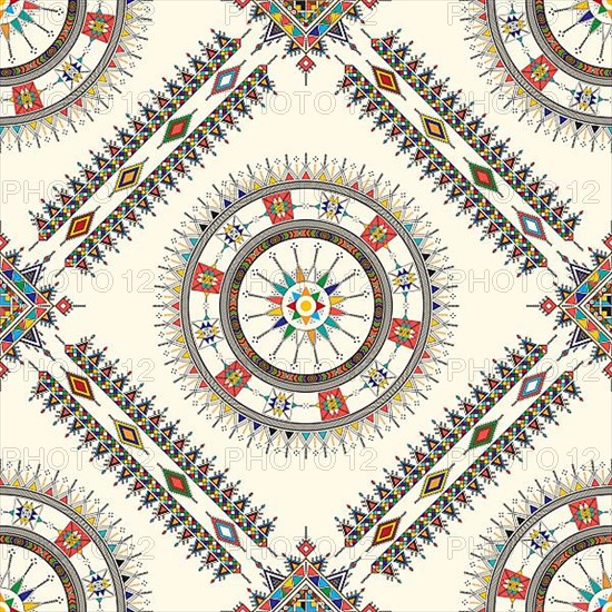 Decorative geometric repeating pattern inspired by Al-Qatt Al-Asiri traditional paintings