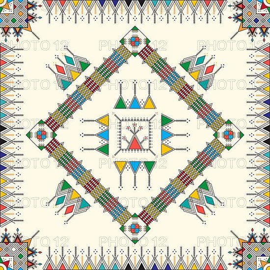 Decorative geometric repeating pattern inspired by Al-Qatt Al-Asiri traditional paintings