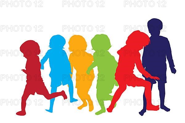 Silhouettes of children playing and running in colors