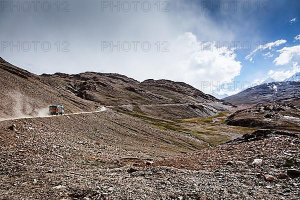 Manali-Leh Road in Indian Himalayas with lorry. Himachal Pradesh