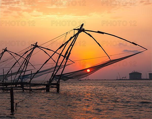 Kochi chinese fishnets on sunset. Fort Kochin