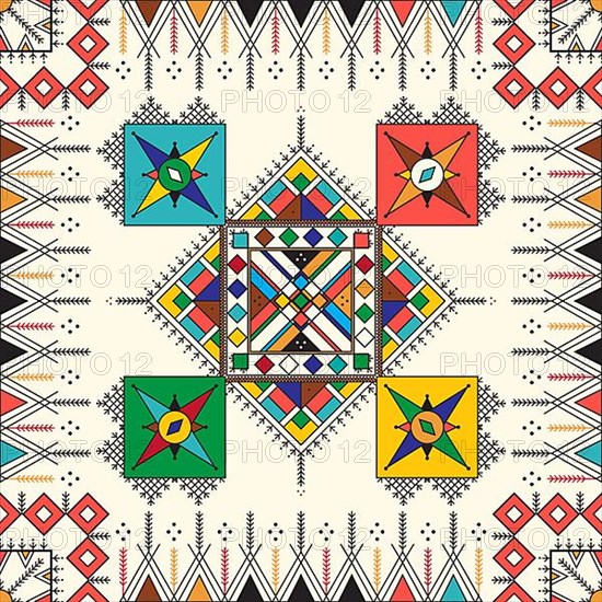 Decorative geometric repeating pattern inspired by Al-Qatt Al-Asiri traditional paintings