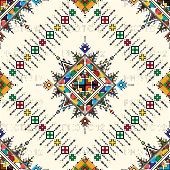 Decorative geometric repeating pattern inspired by Al-Qatt Al-Asiri traditional paintings