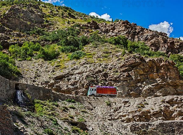 Manali-Leh road in Indian Himalayas with lorry. Himachal Pradesh