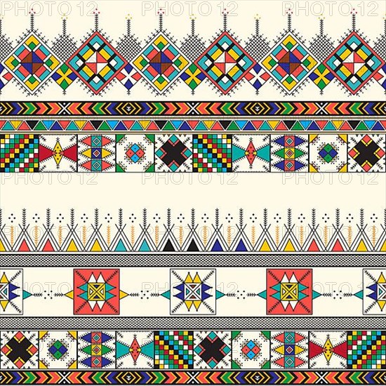 Decorative geometric repeating pattern inspired by Al-Qatt Al-Asiri traditional paintings