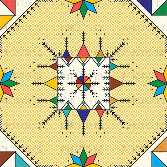 Decorative geometric repeating pattern inspired by Al-Qatt Al-Asiri traditional paintings