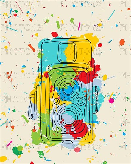 Vintage photo camera sketch over colored splats