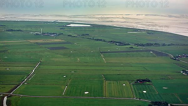 Meadows and fields with a single wind turbine