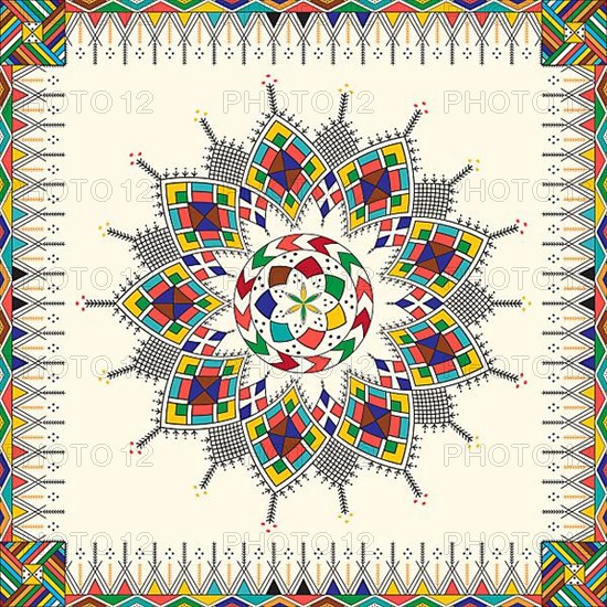 Decorative geometric repeating pattern inspired by Al-Qatt Al-Asiri traditional paintings