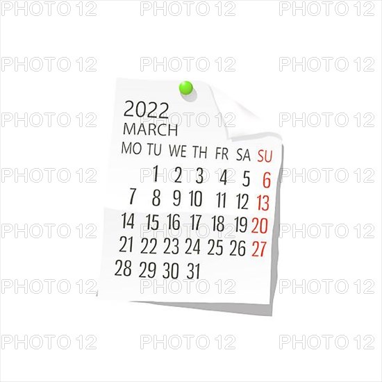 2022 Calendar on white paper