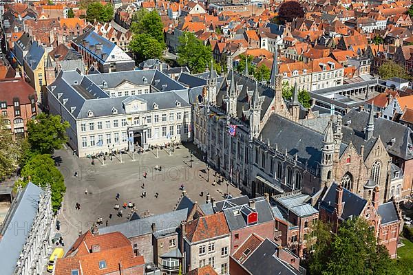 Aerial view of the Burg square with the City Hall. Bruges