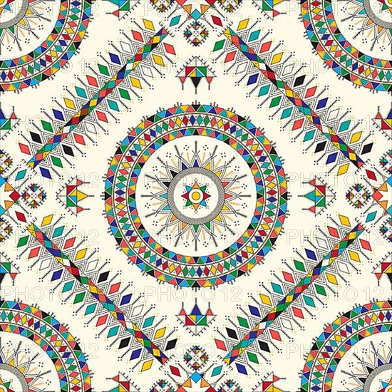 Decorative geometric repeating pattern inspired by Al-Qatt Al-Asiri traditional paintings