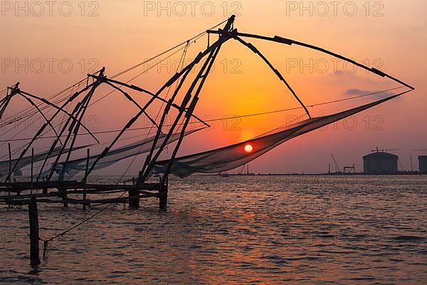 Kochi chinese fishnets on sunset. Fort Kochin