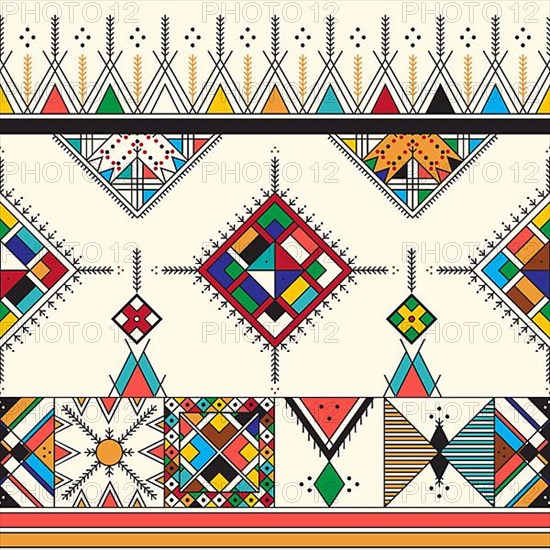 Decorative geometric repeating pattern inspired by Al-Qatt Al-Asiri traditional paintings