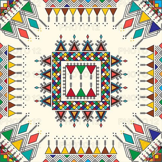 Decorative geometric repeating pattern inspired by Al-Qatt Al-Asiri traditional paintings