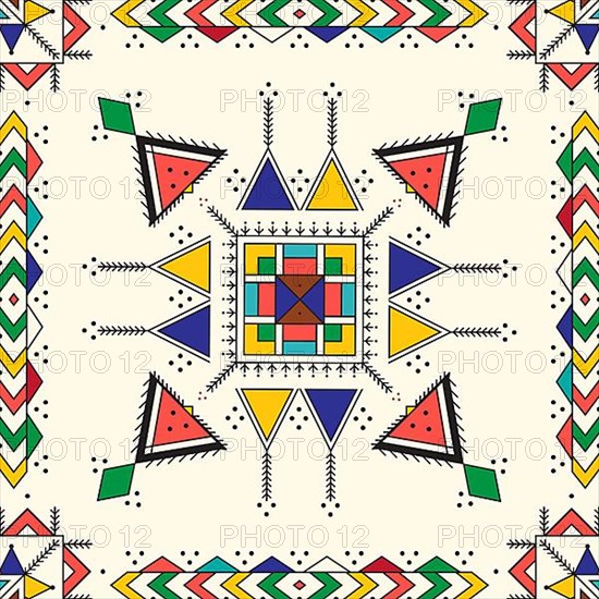 Decorative geometric repeating pattern inspired by Al-Qatt Al-Asiri traditional paintings