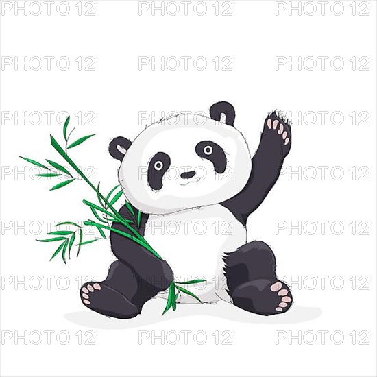 Vector sketch illustration of a panda bear waving hello and holding bamboo leaves