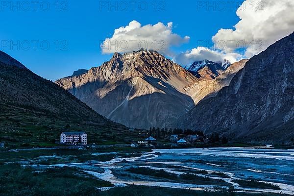 Jispa village in Himalayas on sunset. Lahaul valley