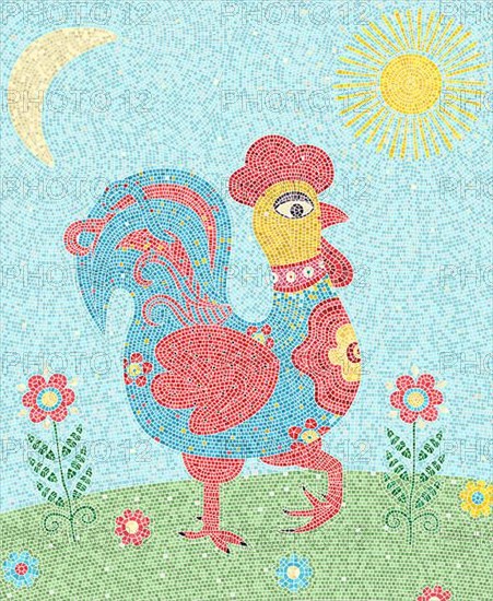 Mosaic tiles composition with a colored rooster on the field