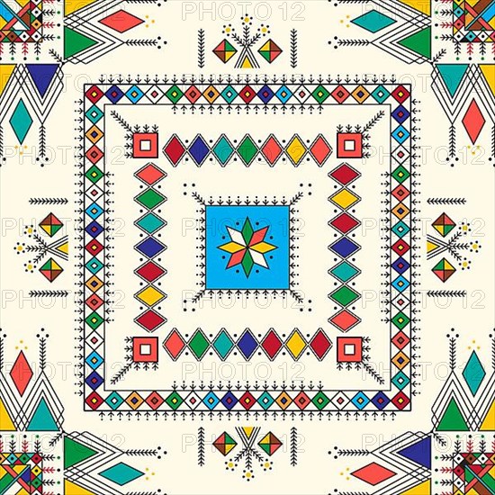 Decorative geometric repeating pattern inspired by Al-Qatt Al-Asiri traditional paintings