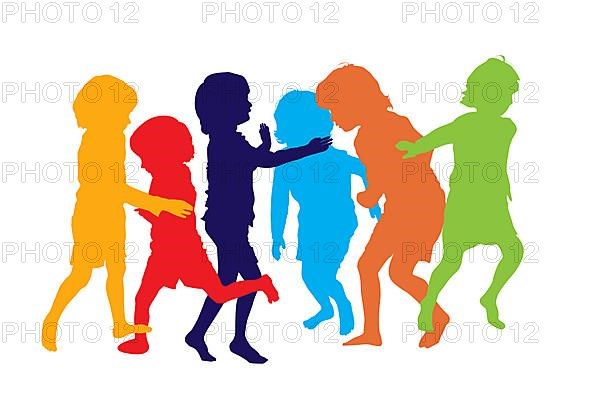 Silhouettes of children playing and running in colors