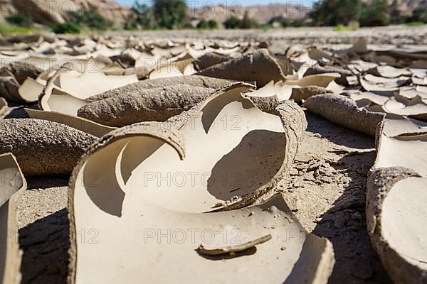 Close up of clay mud patterns formed through drought in a dry river bed