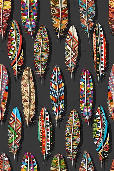 Color feathers embroidery seamless vector pattern. Decorative feathers embroidery