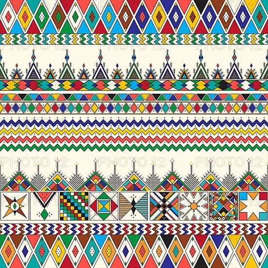 Decorative geometric repeating pattern inspired by Al-Qatt Al-Asiri traditional paintings