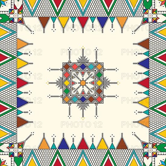 Decorative geometric repeating pattern inspired by Al-Qatt Al-Asiri traditional paintings