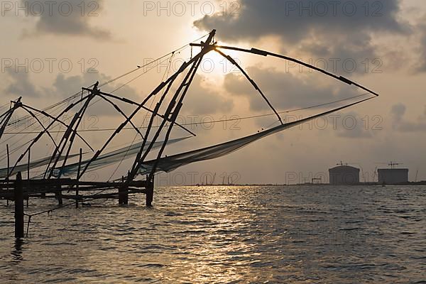 Kochi chinese fishnets on sunset. Fort Kochin