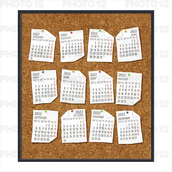 2022 calendar on paper sheets over a framed cork board. Vector illustration