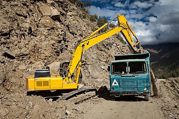 Road construction in mountains Himalayas