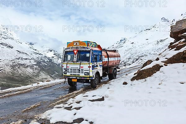 Manali-Leh road in Indian Himalayas with lorry. Himachal Pradesh