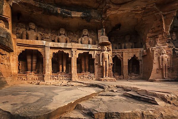 Rockcut Statues of Jain thirthankaras in rock niches near Gwalior fort. Gwalior