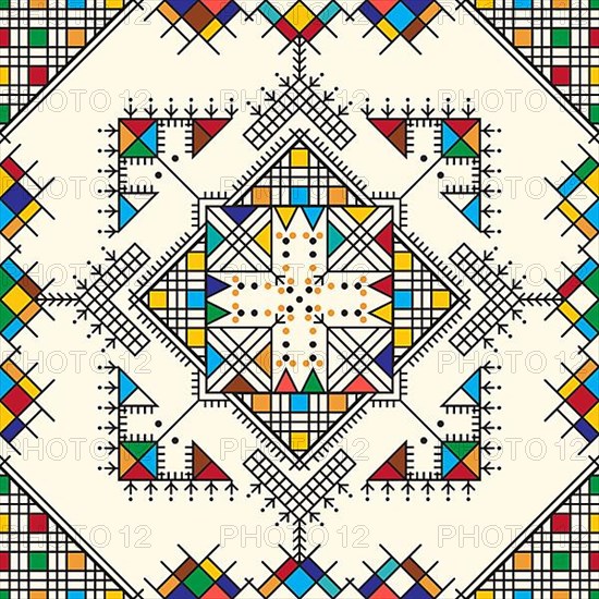 Decorative geometric repeating pattern inspired by Al-Qatt Al-Asiri traditional paintings