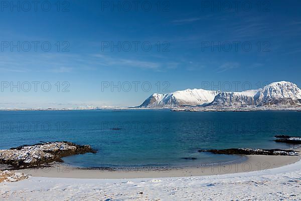 View over the beach and fjord at Eggum in winter