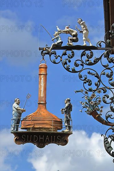 Nose sign of brewery Brewhouse with wort kettle Brew kettle and figures with Max and Moritz Villingen