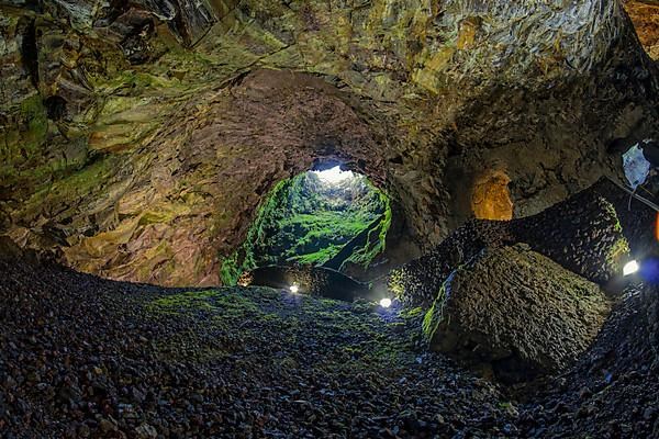 Inside the volcanic vent Algar do carvao Azores Terceira Portugal