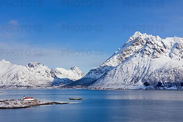 Sildpollnes Church by Austnesfjord on the Sildpollneset peninsula on Austvagoy Island