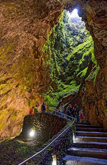 Inside the volcanic vent Algar do carvao Azores Terceira Portugal