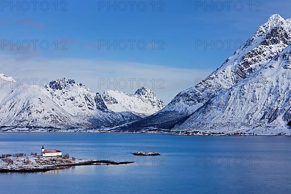 Sildpollnes Church by Austnesfjord on the Sildpollneset peninsula on Austvagoy Island