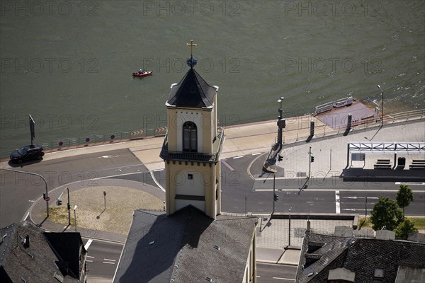 View from above of the Rhine and the Protestant Church of St. Goarshausen from Patersberg