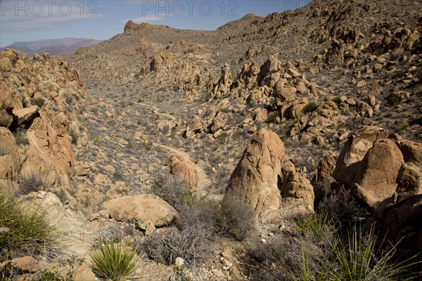 Valley and path with eroded igneous rocks and remains of laccoliths