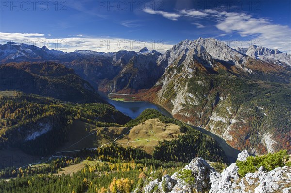 View over the Koenigssee and the Watzmann massif from the Jenner in autumn