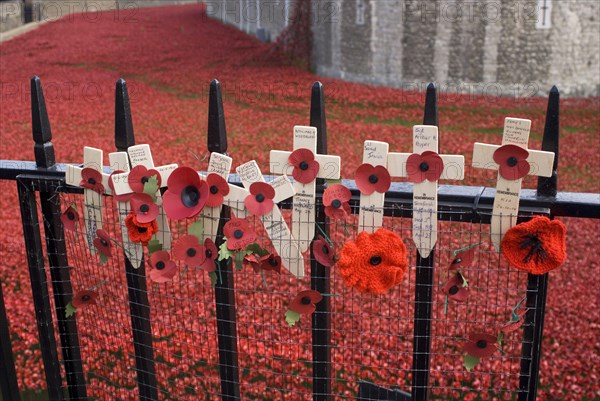 Remembrance poppies on railings beside art installation commemorating centenary of outbreak of World War One