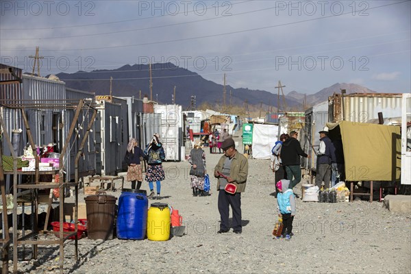 Murghab bazaar with stalls in containers in Murghob district of the Gorno-Badakhshan Autonomous Region