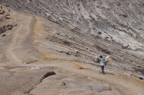 Local man carrying sulphur blocks in baskets on the path around the volcanic crater