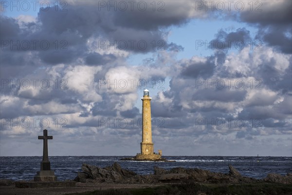 Lighthouse at Cap de La Hague and monument in honour of the French submarine crew Vendemiaire